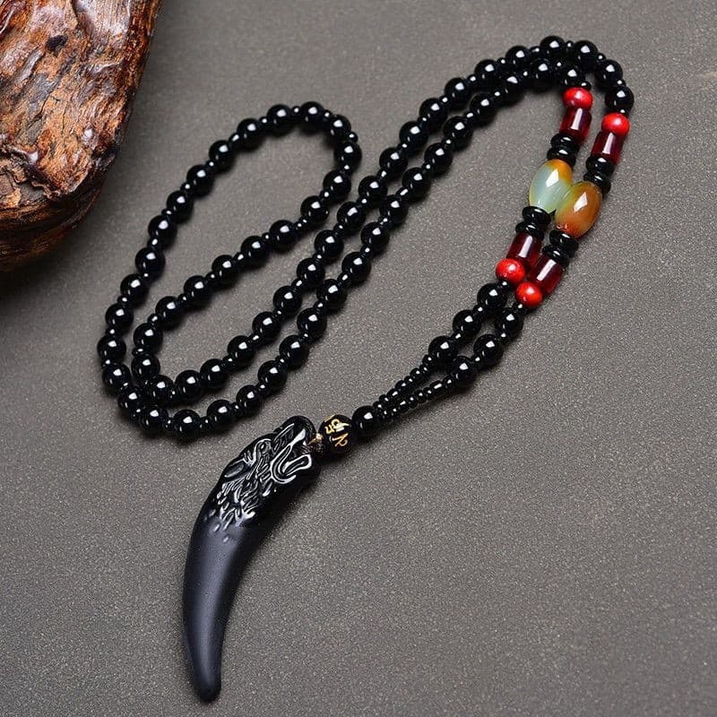 Colar Pingente Dente de Lobo de Obsidiana para Homens Casais Personalidade Moderna Dominante Amuleto Genuíno Toque Doura