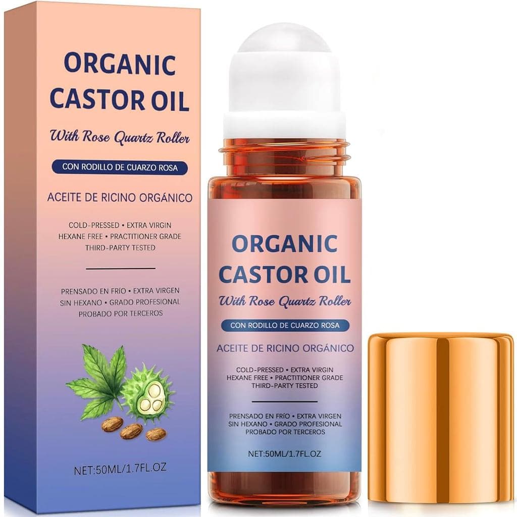 Óleo de Rícino Orgânico com Rolo de Quartzo Rosa, 100% Puro, Prensado a Frio, Óleo de Rícino Orgânico Roll-On com Quartz