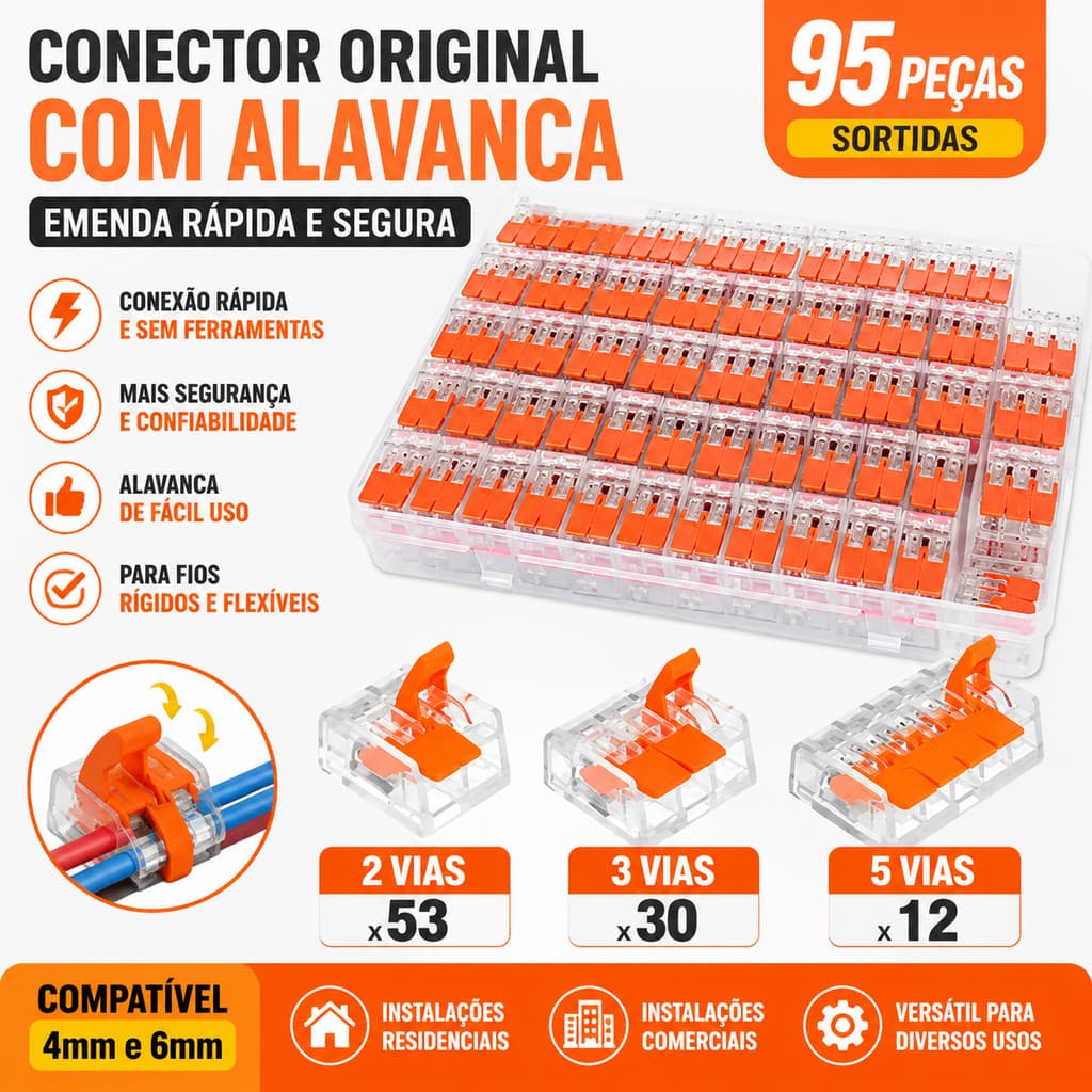Conector Wago 221 Original Com Alavanca 2 A 5 Vias Emenda Rápida 4mm E 6mm