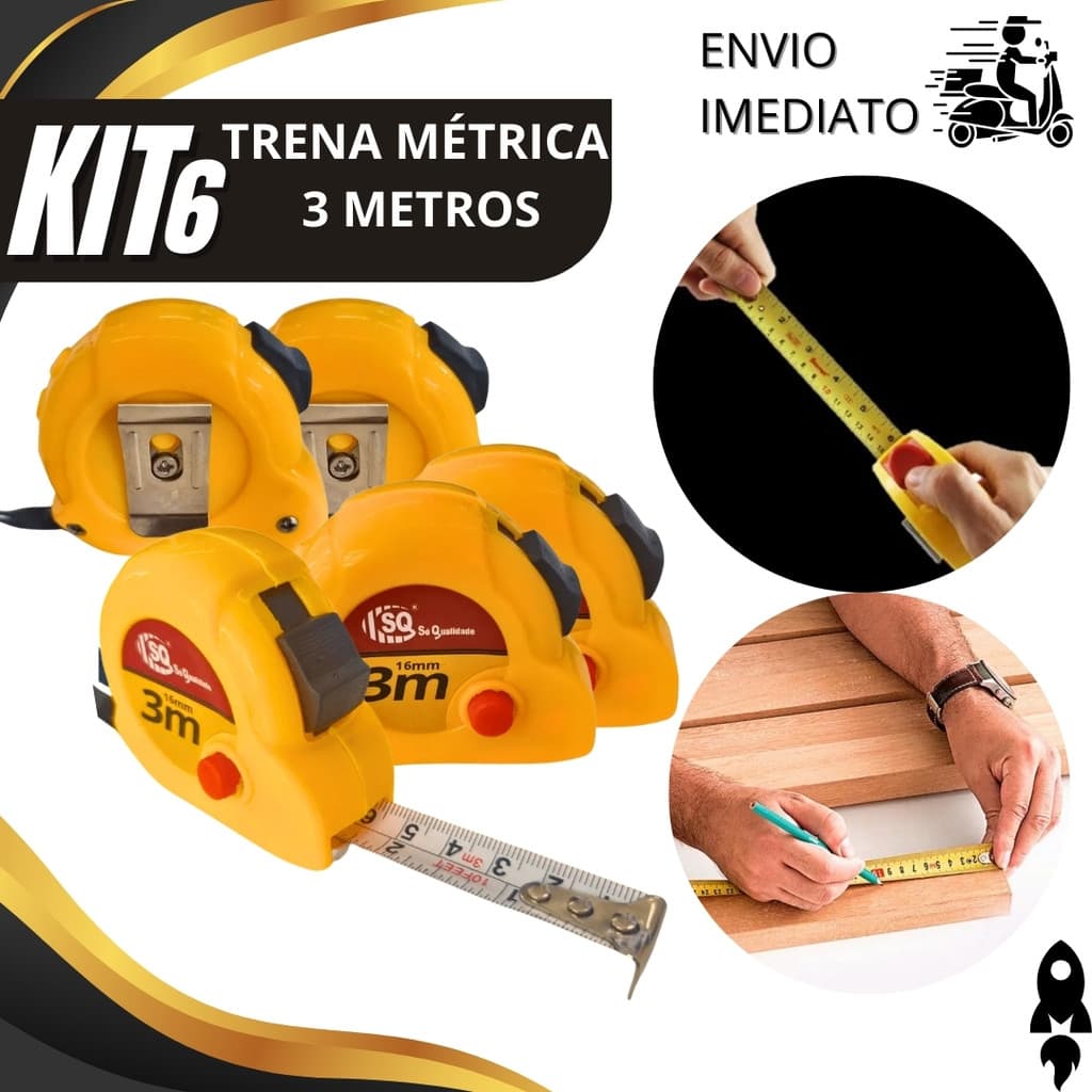 Kit Trenas 3M Fita Métrica Resistente de Bolso com Trava Para Uso Profissional e Doméstico