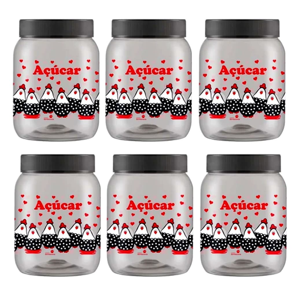 Kit 6 Pote Galinha Açúcar 1700ml Plastico Transparente com Tampa Rosca