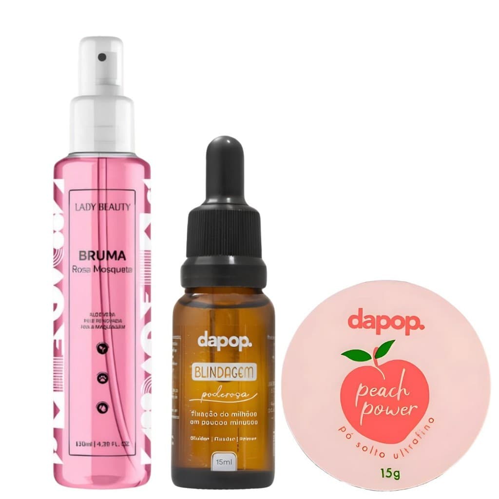 Kit Pó Pêssego Peach Power Dapop + Blindagem Poderosa 3x1 Dapop + Bruma Rosa Mosqueta Lady Beauty