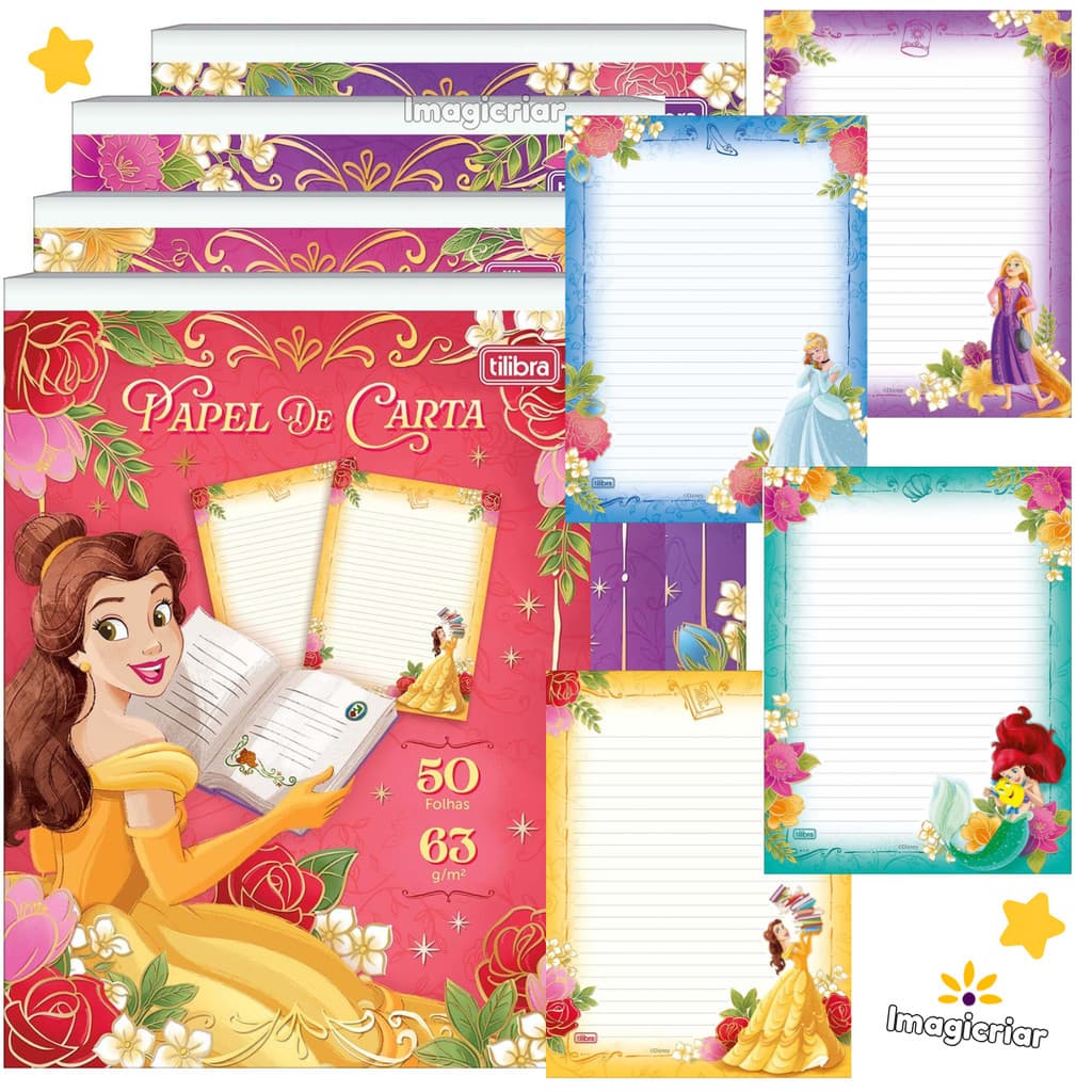 Bloco Papel de Carta Princesas Disney Tilibra | Ariel, Bela, Cinderela ou Rapunzel, A Pequena Sereia, A Bela e a Fera