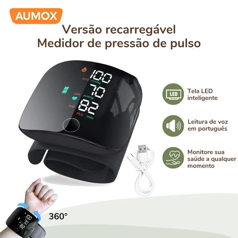 Aparelho de Pressão Digital de Pulso Profissional com Tela LED Inteligente Alta Precisão e Voz