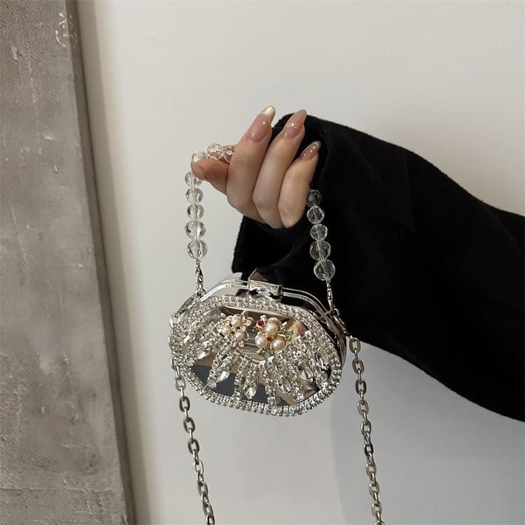 Mini Bolsa de Corrente em Lata com Strass, Bolsa de Ombro Único Transversal Elegante para Batom e Fone de Ouvido Feminin