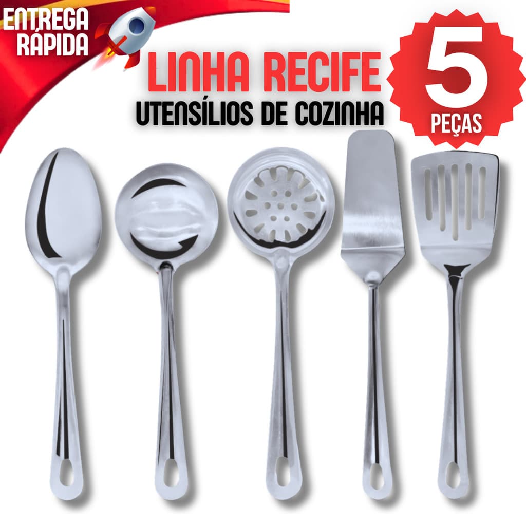 Kit 5 Colher de Arroz Concha Escumadeira Espatula Vazada Espatula de Bolo Utensilios Aço Inox Servir