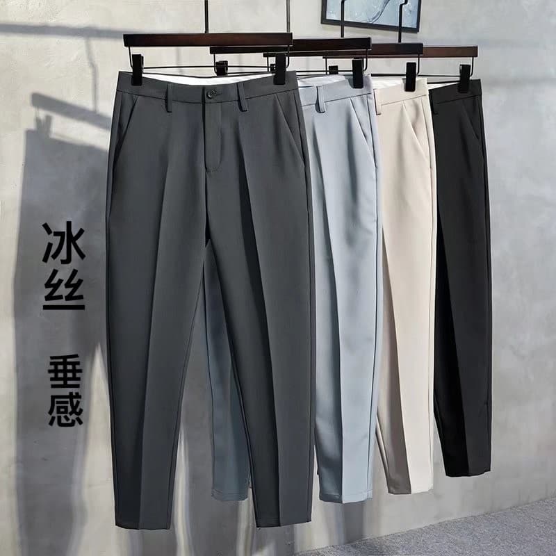 Verão calças de seda gelo homens estilo fino tornozelo comprimento calças casuais em linha reta Drape terno calças versã