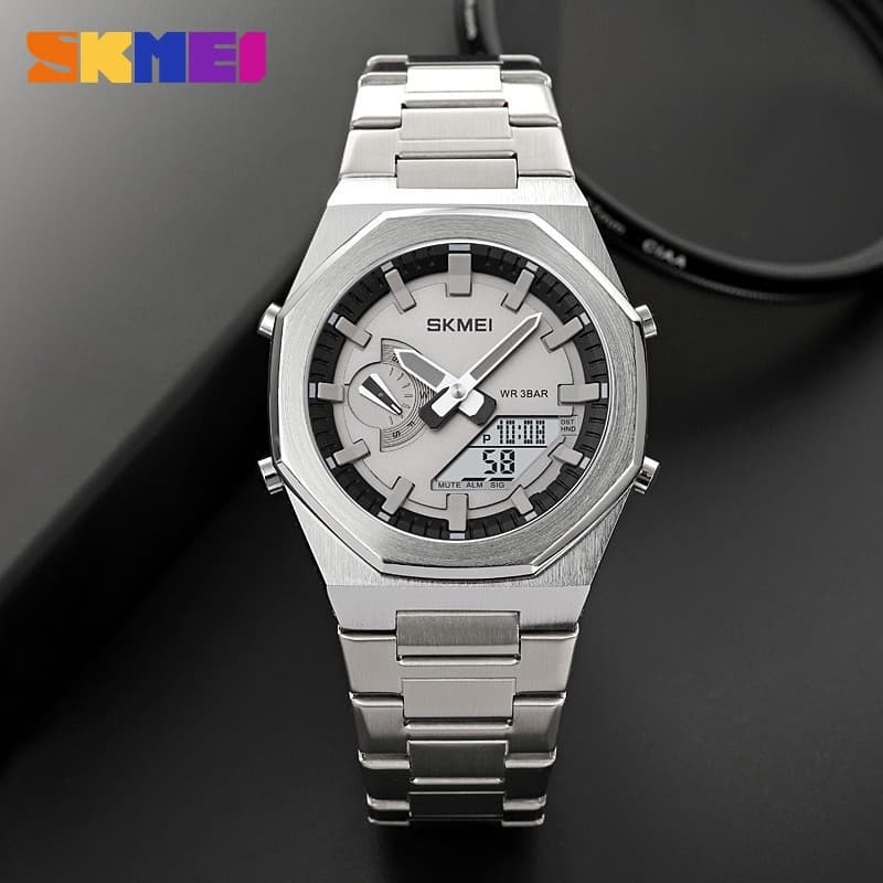 Relógio Digital de Quartzo Masculino SKMEI 1816, Aço Inoxidável, LED, Dupla Exibição, Esportivo, Resistente à Água, PNET