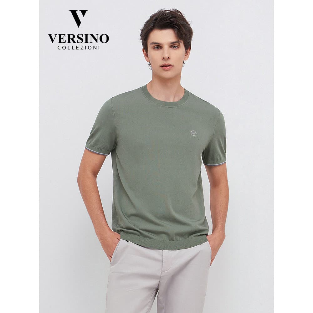 Versino versino masculino verão novo estilo masculino em torno do pescoço de manga curta camiseta de malha cor sólida Al