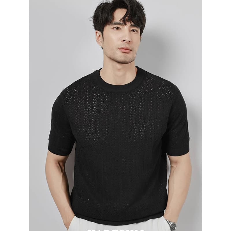 Americano Retro verão novo estilo legal masculino oco respirável Casual topo All-Match em torno do pescoço de malha de m