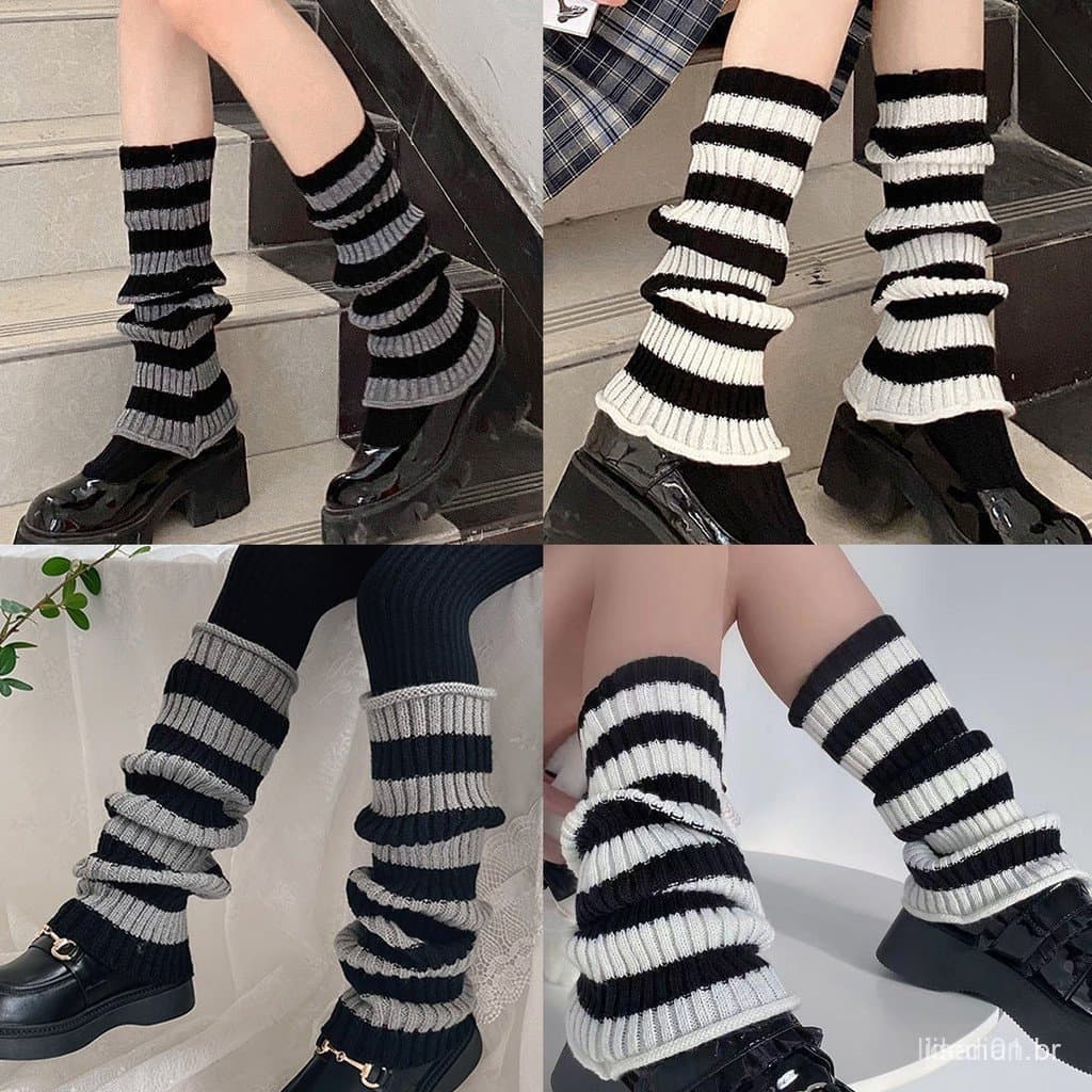 [Envio Rápido] 1 Par Y2K Lolita Malha Pé Capa Preto Branco Listrado Polainas Para Mulheres Meninas 21 Cm