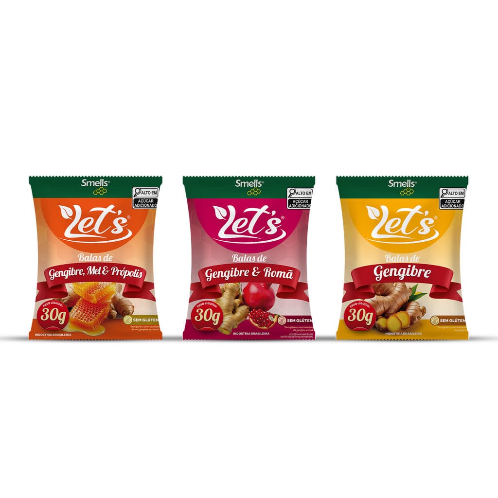 Pacote Balas Balinha Pastilha Let´s Gengibre Mel Romã Garganta 100% Natural 30g Smells