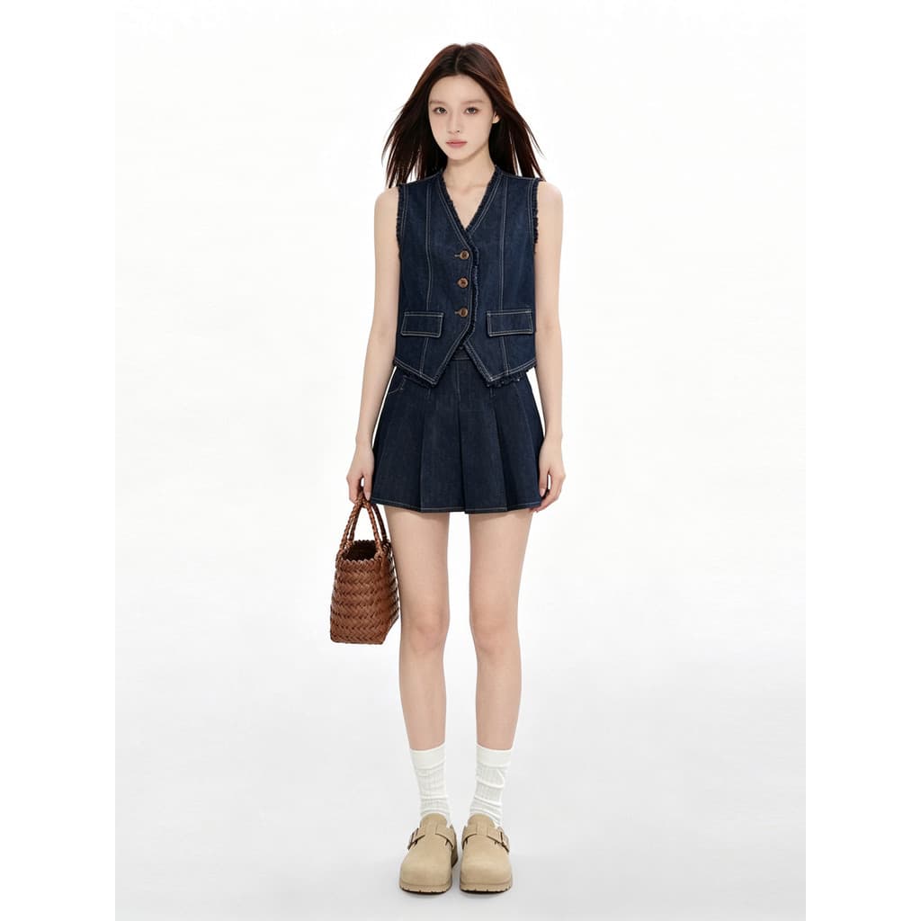 VERUMI Top Line Franjas Com Decote Em V Sem Mangas Denim Colete Saia Feminina Verão 2026 Popular Use um Conjunto Complet