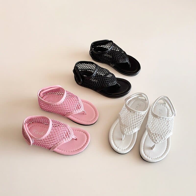 2026 verão novo estilo feminino Velcro Flip-Flops malha espinha de peixe sandálias plana oco estilo férias estilo All-Ma