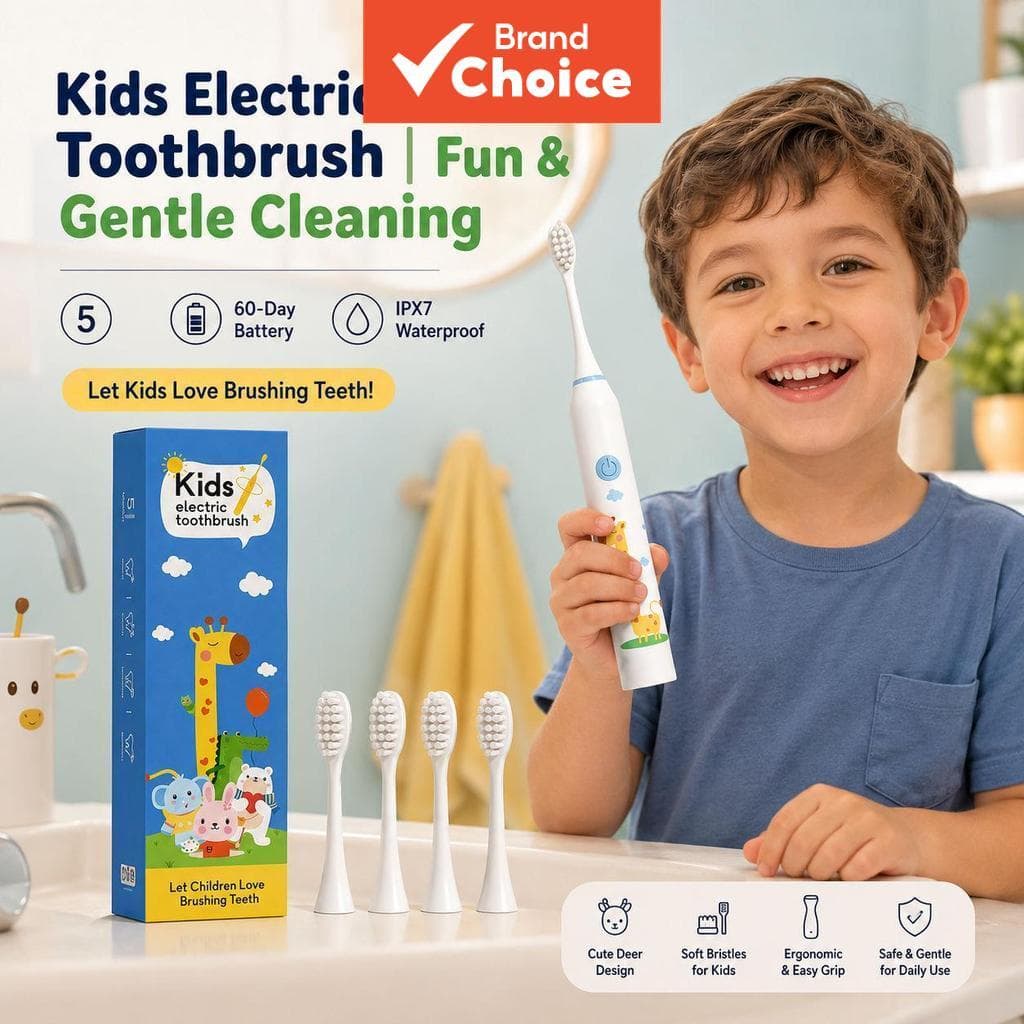 Kit de escova de dentes elétrica infantil, cabo de carregamento manual e 4 cabeças de escova