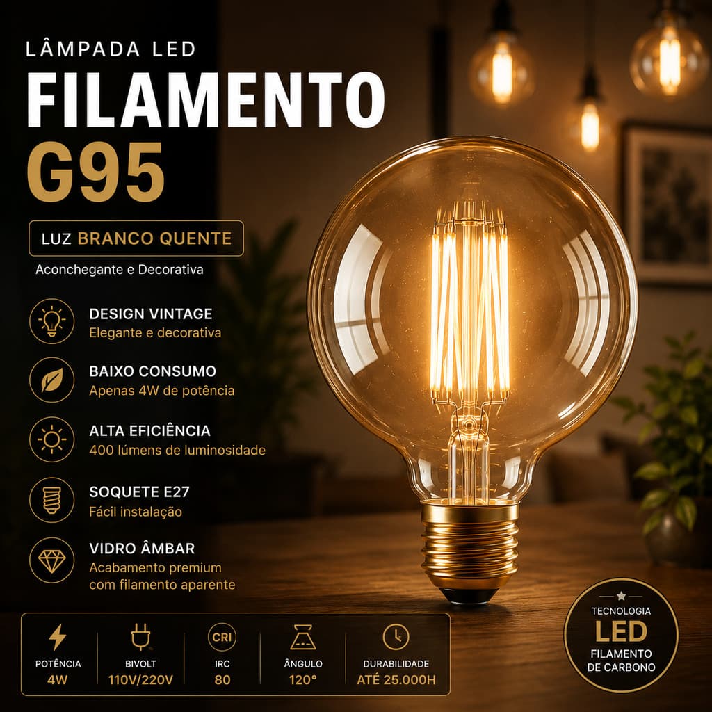 Lâmpada LED Filamento G95 4W Âmbar Decorativa Vintage Retrô Balão E27 Para Lustre Pendente Paylow