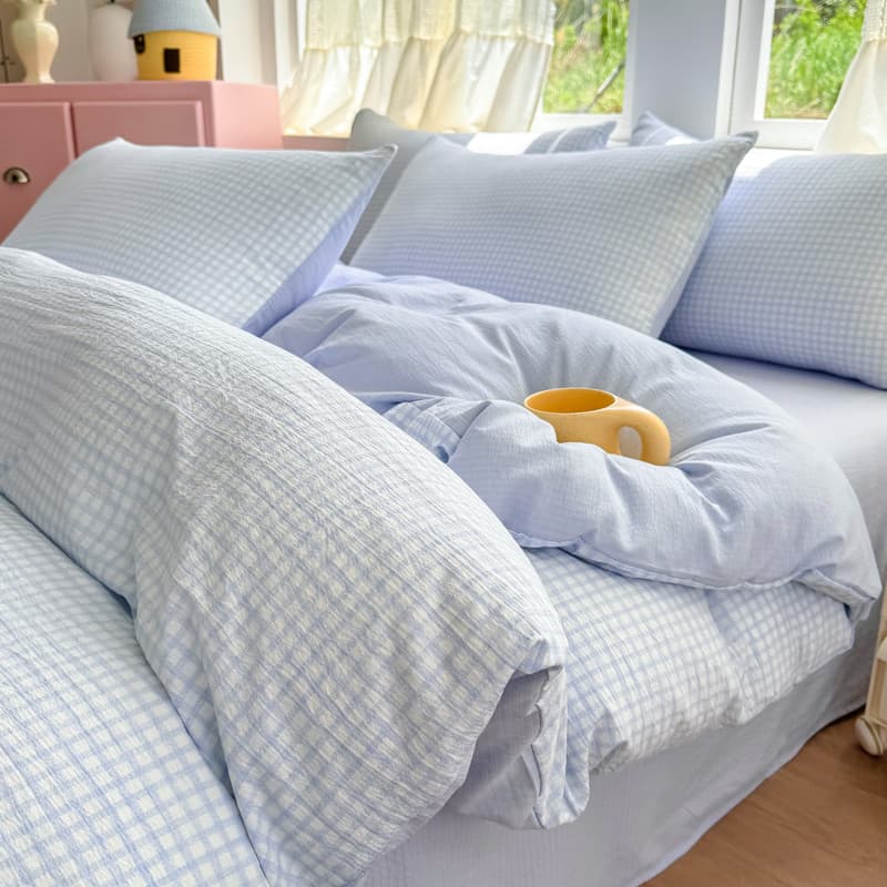 Cama xadrez simples japonesa conjunto de quatro peças fio de camada dupla malha algodão puro algodão colcha capa folha d