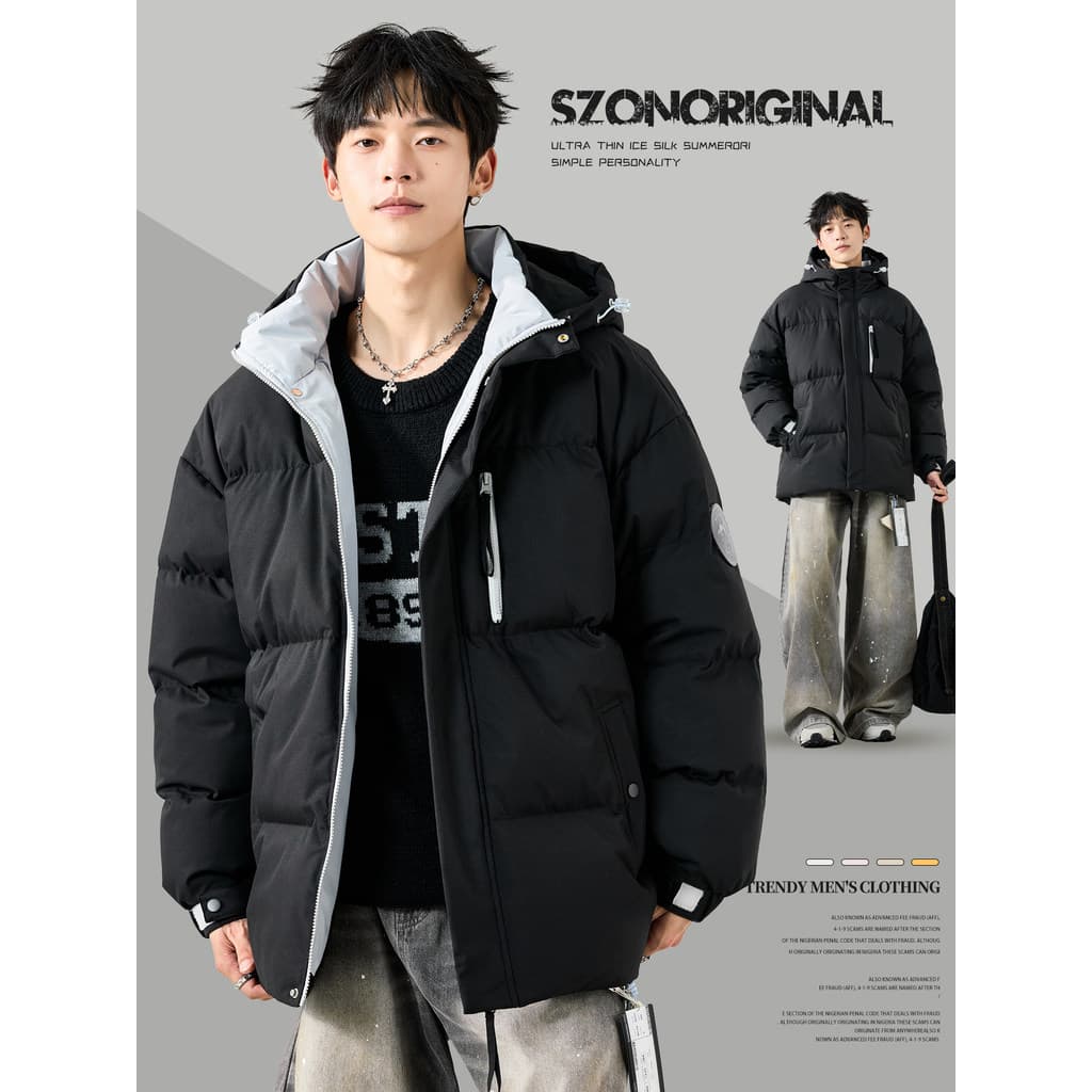Jaqueta acolchoada masculina inverno estilo americano cor combinando com capuz grosso acolchoado jaqueta casal à prova d