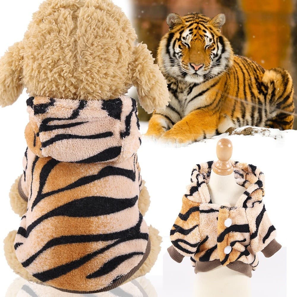 Casaco de Flanela para Cães com Listras de Tigre, Confortável, com Chapéu e Colar Removível - Acolhedor e Quente para o