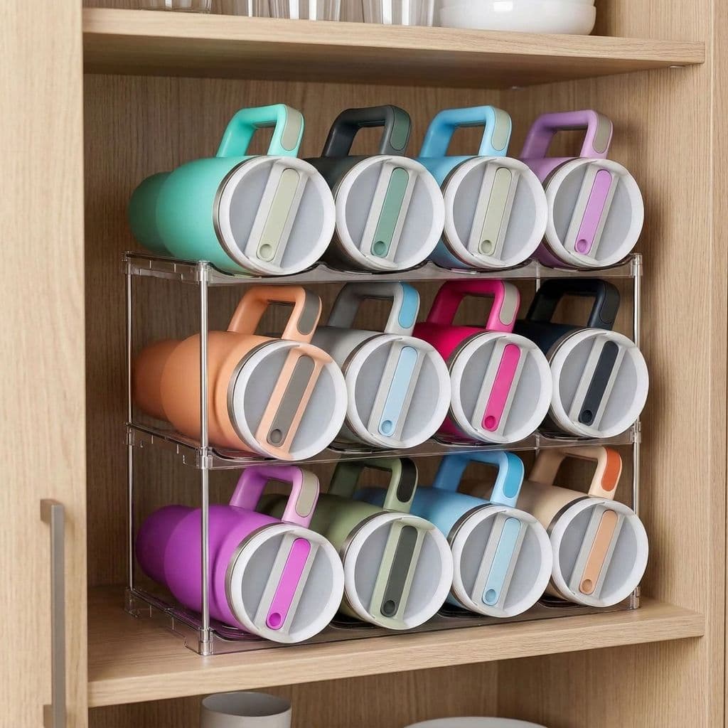 Suporte de armazenamento de copos transparente de múltiplas camadas para mesa, empilhável dentro do armário lateral, ade