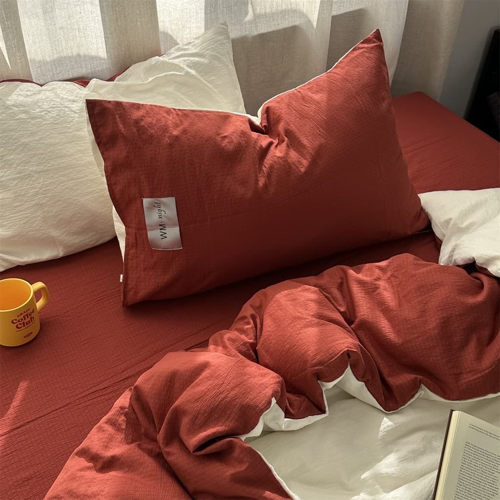 Simples ins leite branco cor combinando vinho vermelho lavado algodão conjunto de quatro peças lençol High-End b & b con