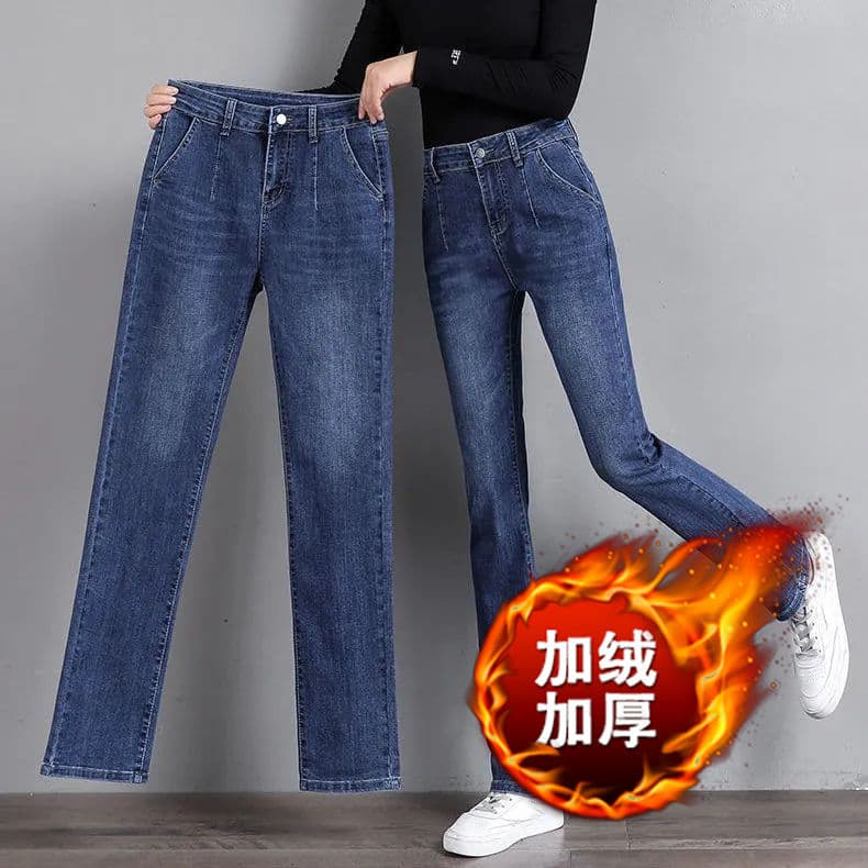 Cintura alta em linha reta velo Plus Size calças de brim femininas outono inverno solto i na moda All-Match feminino na