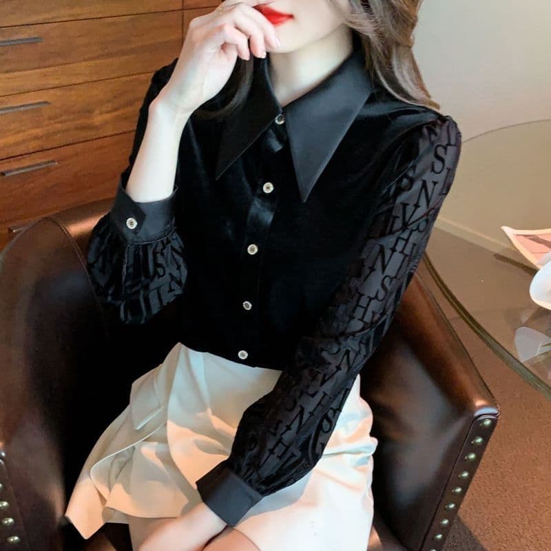 Francês gola pontiaguda camisa preta feminina outono moda estilo ocidental ouro veludo pequena camisa carta impressão ún