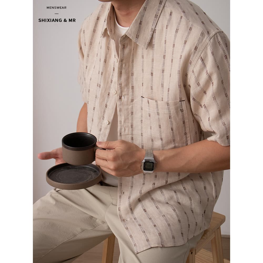 High-End linho Retro estilo dinheiro antigo camisa listrada masculina verão estilo fino respirável japonês Casual All-Ma