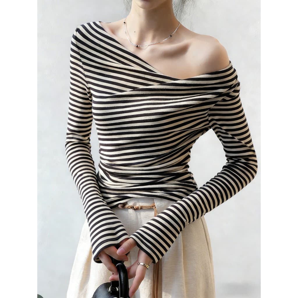 Design Sense Preto Branco Contraste Cor Listrado Diagonal Ombro Manga Comprida Camiseta Feminina Irregular Strapless Top
