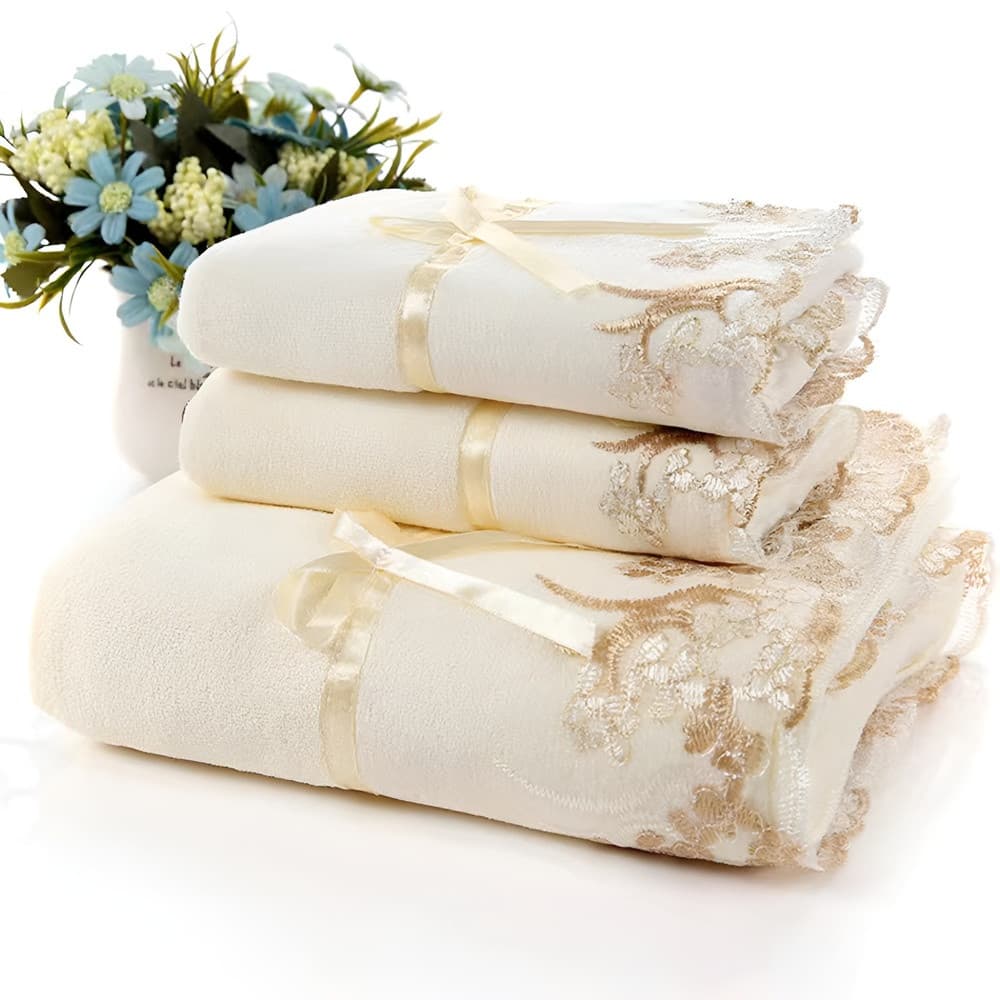 【Absorvente E Suave】Toalla De Tres Piezas Con Encaje Y Bordado/Toalhas Bordadas/Toalhas De Banho Bordadas