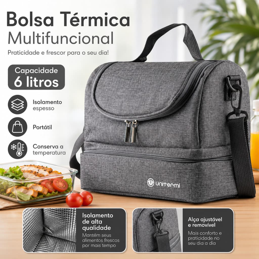 Bolsa Térmica Cinza 6 Litros Pratifit Marmita Lancheira Térmica Conserva Quente e Frio