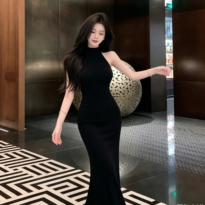 Francês Retro preto Halterneck saia longa feminina verão meia gola alta cintura estreita mais magro olhar elegante vesti