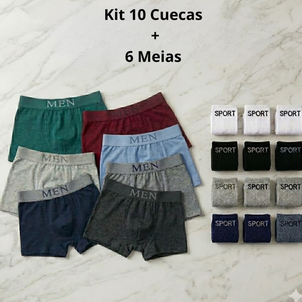 Kit 10 Cuecas Box  + 6 Pares de Meias Sport Tamanho- Conforto e Praticidade para seu dia!