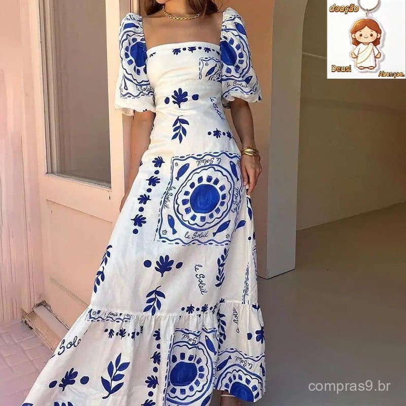 Mulher temperamento elegante e elegante moda estampa lanterna de gola quadrada vestido de manga curta A palavra
