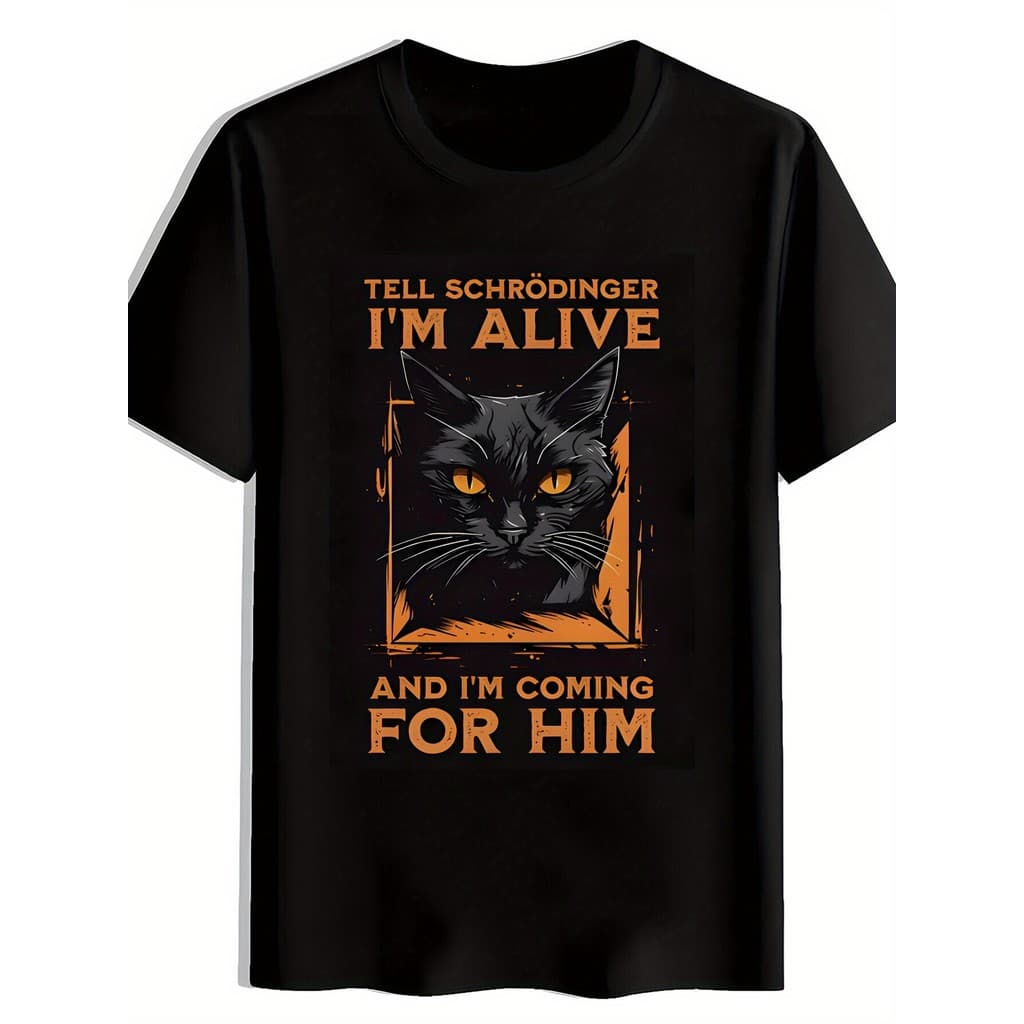 Camiseta Casual Estampa Gato Preto Schrödinger Camisa Halloween Geek Meme Blusa Masculino Feminino