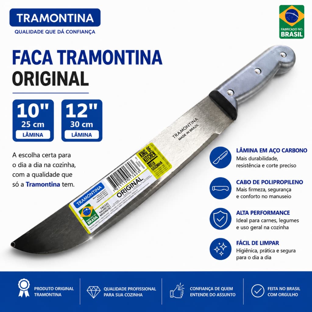 Facão de lâminas de 25cm e 30cm aço carbono p/ Roça jardinagem pesca Camping - Tramontina