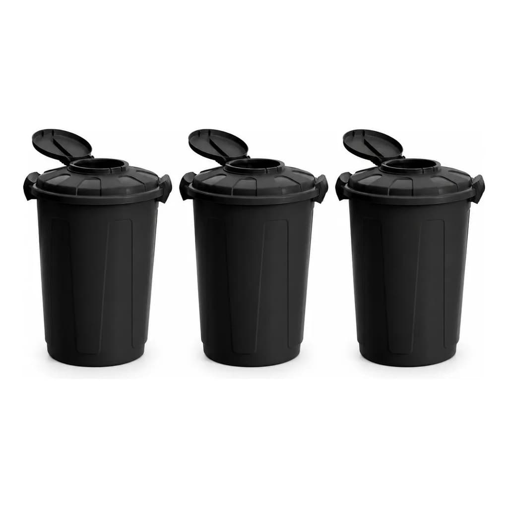 Kit 3 Lixeiras 60L Cesto Multiuso Grande com Tampa e Trava Cozinha Banheiro Área Serviço Escritório