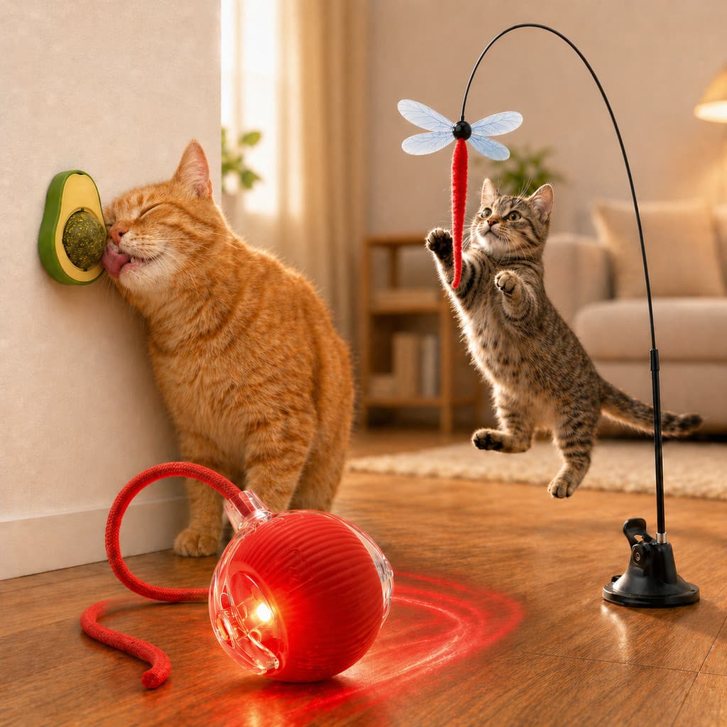 Kit Brinquedos Interativos para Gatos Bolinha Automática + Abacate Catnip + Varinha com Ventosa