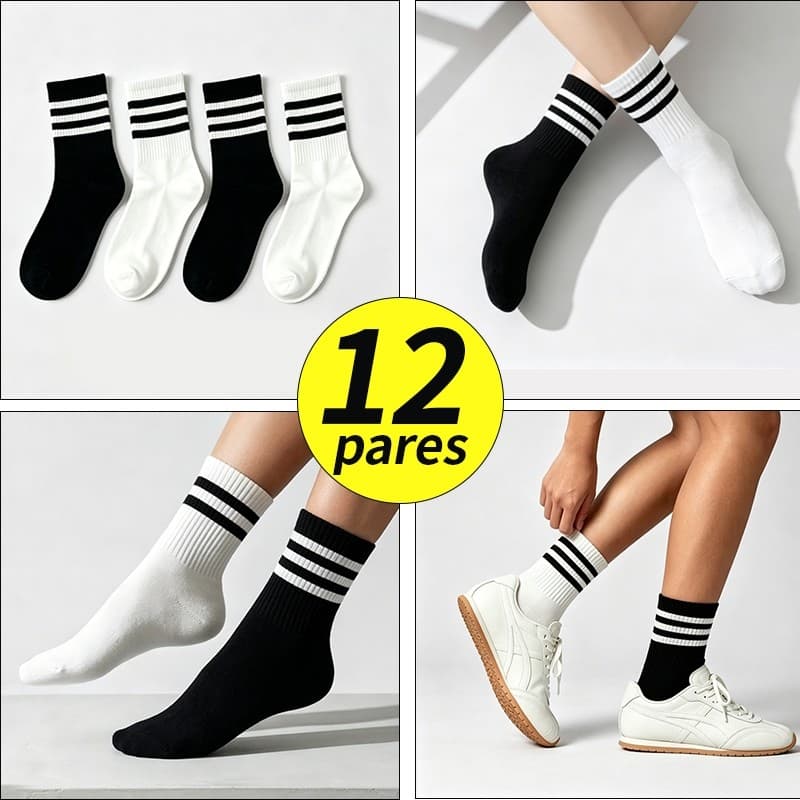12 Pares Meia Unissex Branca Cano Alto combinando Esportiva Confortável