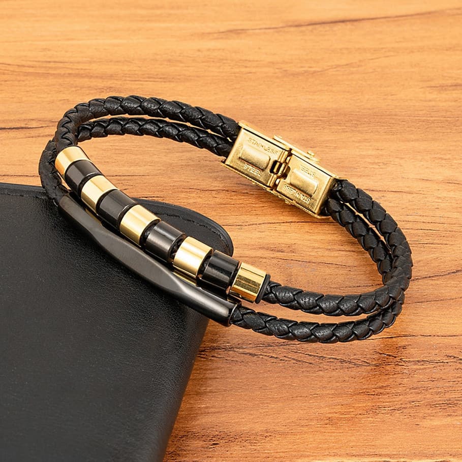 Pulseira De Couro Preto Trançado Da Moda Homens Aço Inoxidável Corda Dupla Tecida Para Jóias De Encanto Feminino