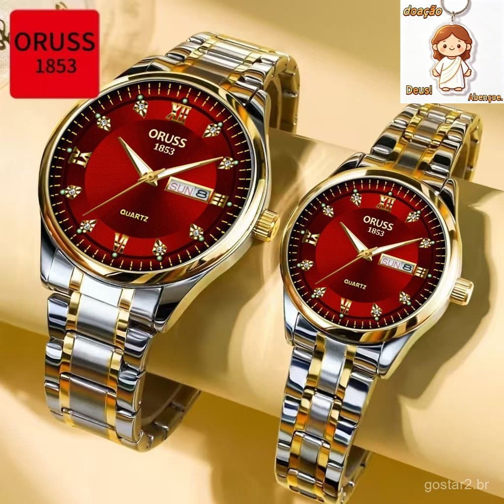 ORUSS Original 2 Pcs Casal Aço Inoxidável Mostrador Vermelho Calendário Duplo Luxo À Prova D 'Água Relógio Luminoso Moda