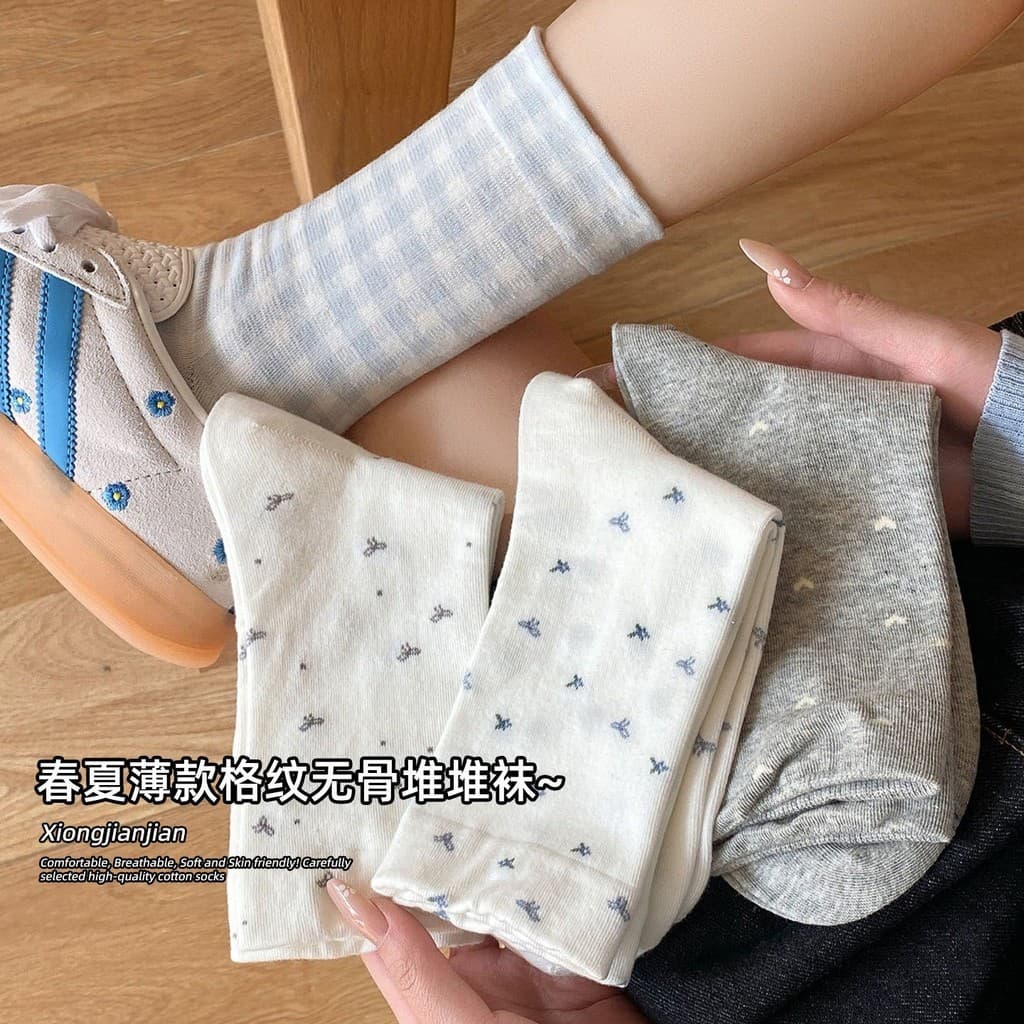 Meias xadrez florais de cura de verão ~ primavera verão doce estilo japonês menina meias de pilha branca All-Match estil