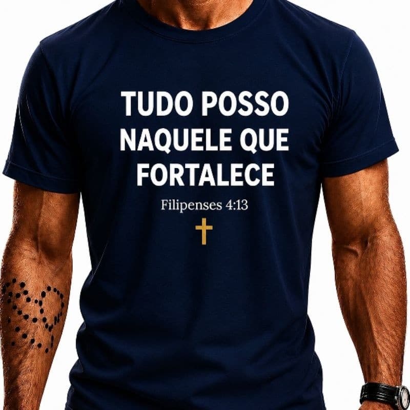 Camiseta Masculina Cristã Evangelica  Estampa Tudo Posso  Naquele Fortalece  Azul Confortável Casual