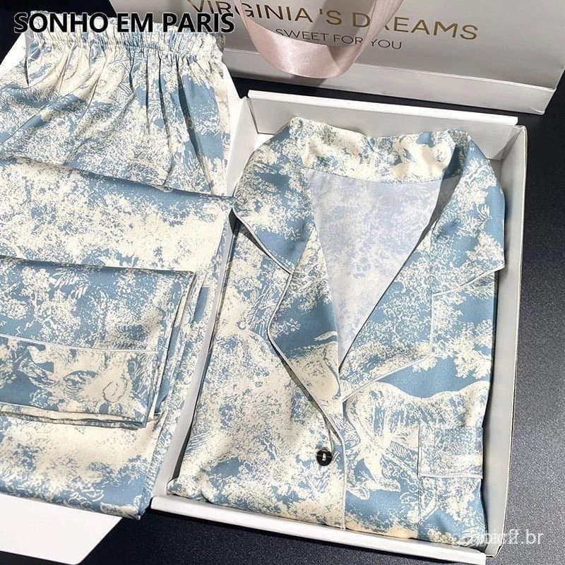 New Home Clothes Ice Silk Pijama Set Moda Outono Edição