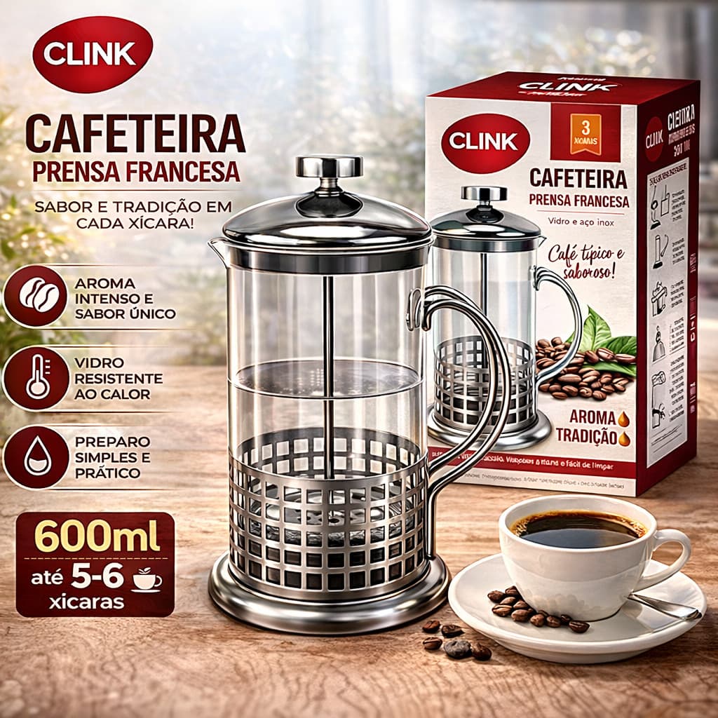 Cafeteira Prensa Francesa Em Vidro E Aço Inox Cremeira 600ml