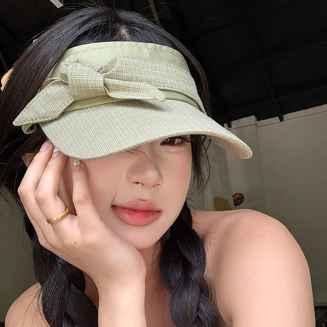 Chapéu de sol feminino com laço xadrez verde estilo coreano, chapéu de proteção solar para esportes ao ar livre no verão