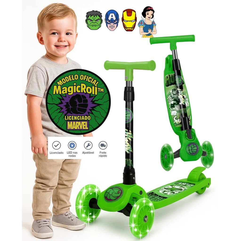 Patinete Infantil 3 Rodas Marvel Avengers LED, Altura Ajustável, 3+ Hulk