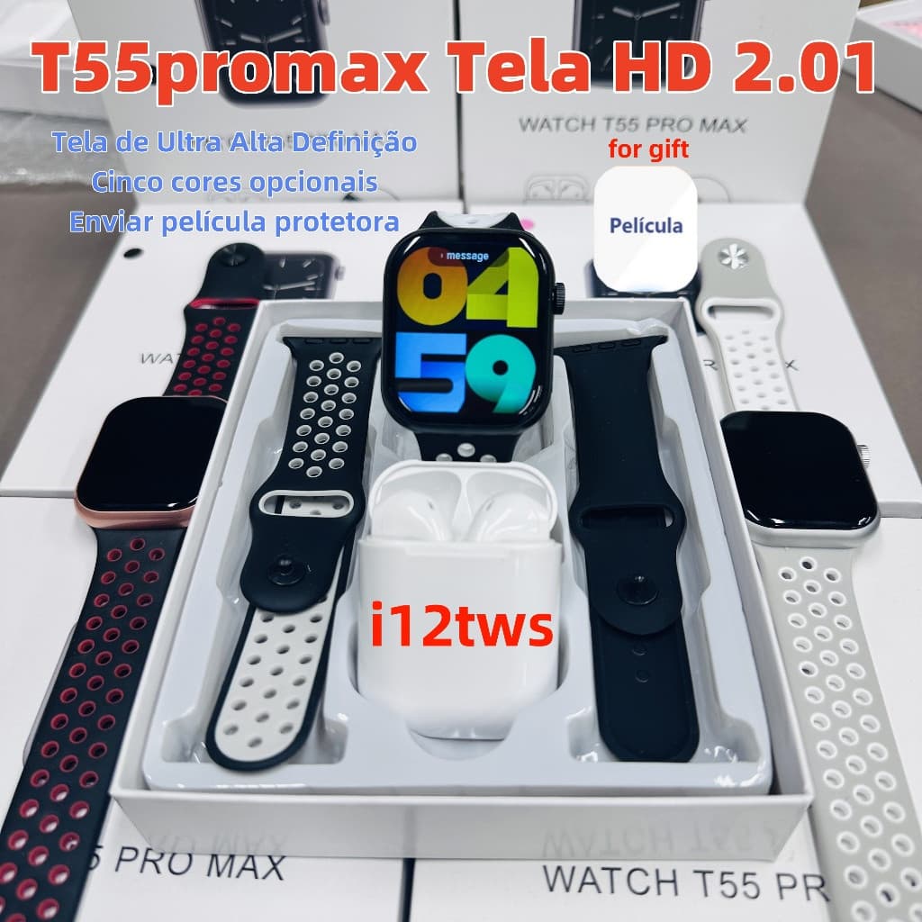 Smartwatch T55 Pro Max Relógio Inteligente Com 4 Fones De Ouvido Venda Quente Conjunto 2 Alças Alto-Falante Chamada Azul