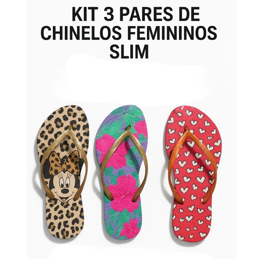Kit 3 Pares de Chinelo Feminino - Chinelo Adulto Feminino - Sandálias de Dedo Super Promoção Atacado