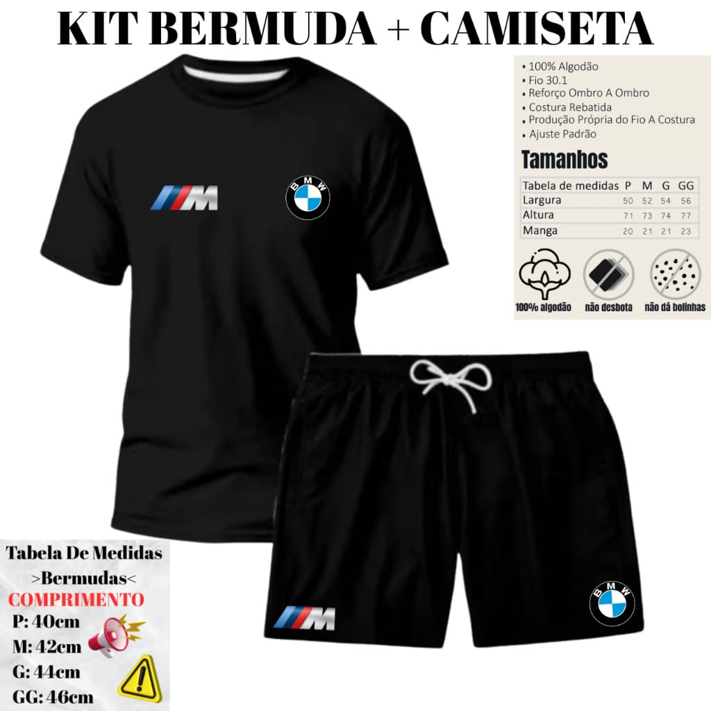 Kit Conjunto Masculino Premium Bmw Camiseta Algodão + Bermuda Tactel M ao GG Preto Branco BMW M